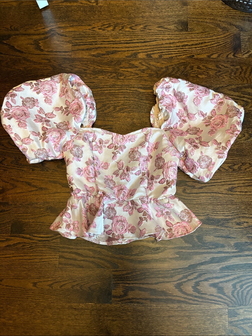 Pink Floral Puff-Sleeve Peplum Blouse